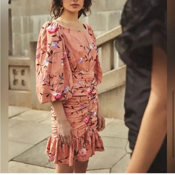 NWOT $229 By TiMo Ruched Floral Embroidered Jacquard Dress - Puff Sleeve Ruffles - Picture 2 of 10